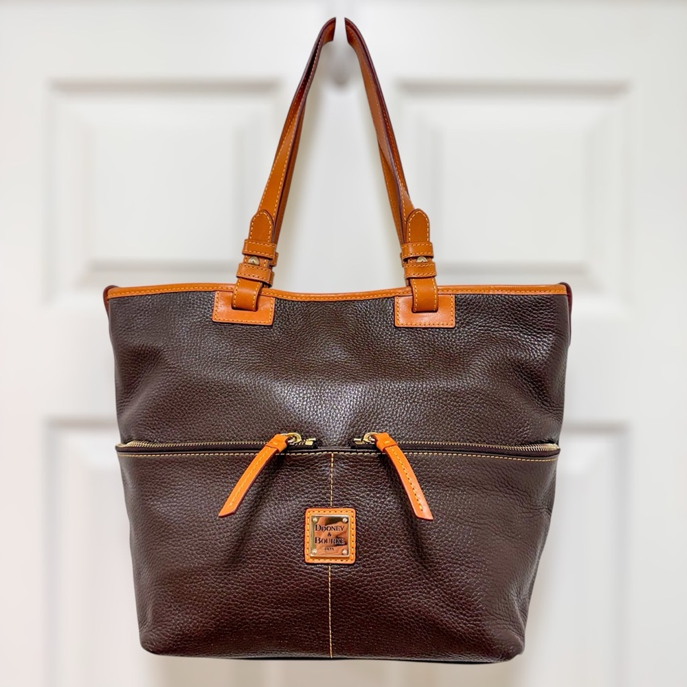 Dooney & Bourke Pebbled Grain Leather Shopper Tote Brown With Tan Trim